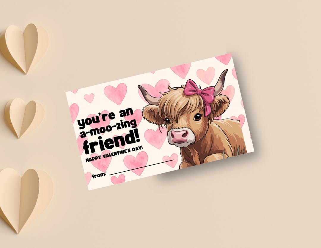 Highland Cow Valentine Cards for Kids - Farm Animal Classroom Printable ...