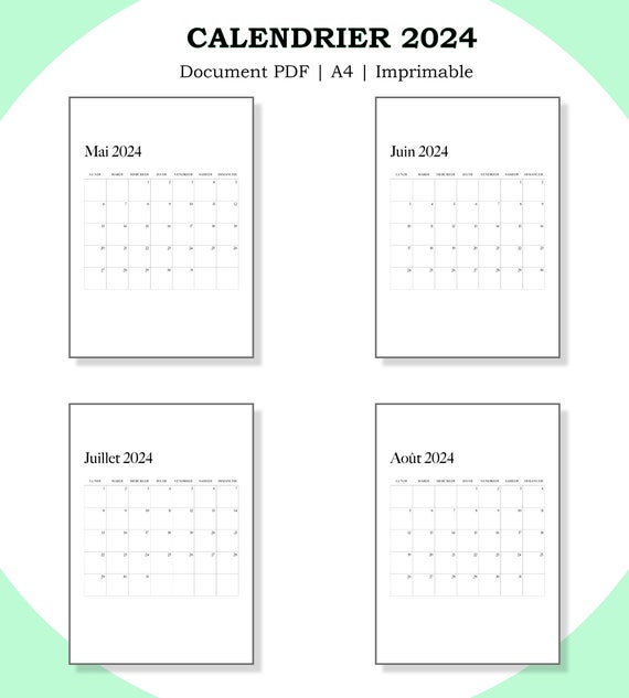 Calendar 2024 Printable, Agenda 2024, Planner 2024, Calendrier Mural,  Monthly Calendar, Minimalist, A4, Portrait 