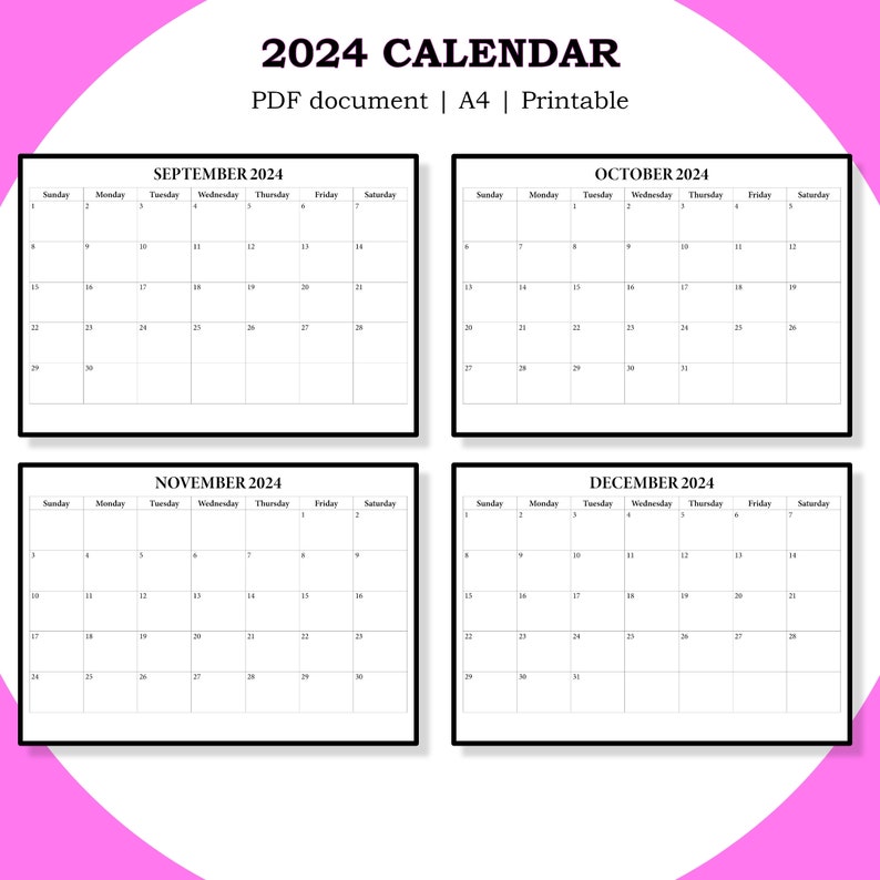 Printable 2024 Calendar, Digital Calendar 2024, PDF Calendar 2024, A4