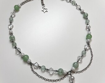 fairy star charm necklace - adjustable green beaded necklace with stars