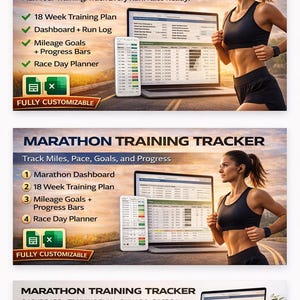 May include: Marathon Training Tracker graphic with a runner. The graphic includes a laptop and smartphone displaying training data. Text includes "18 Week Training Plan", "Dashboard + Run Log", and "Race Day Planner".