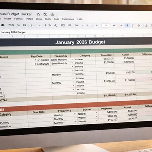 Peut inclure: Un écran d'ordinateur affichant une feuille de calcul intitulée "2026 Annual Budget Tracker". La feuille de calcul présente les revenus et les dépenses de janvier 2026, avec des colonnes pour les montants projetés, réels et la différence. Le texte "January 2026 Budget" est également affiché.