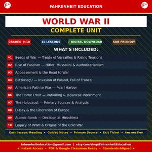 May include: A digital download educational resource titled "World War II Complete Unit" with a dark teal background. The image lists 10 lessons covering topics from the Treaty of Versailles to the Atomic Bomb. Includes reading, guided notes, and answer keys.
