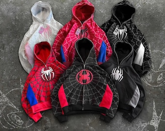 スパイダーマン風ジップアップパーカー、スーパーヒーロー風オーバーサイズパーカー、ウェブ柄スウェットシャツ、ユニセックスストリートウェアジャケット、コスプレギフト