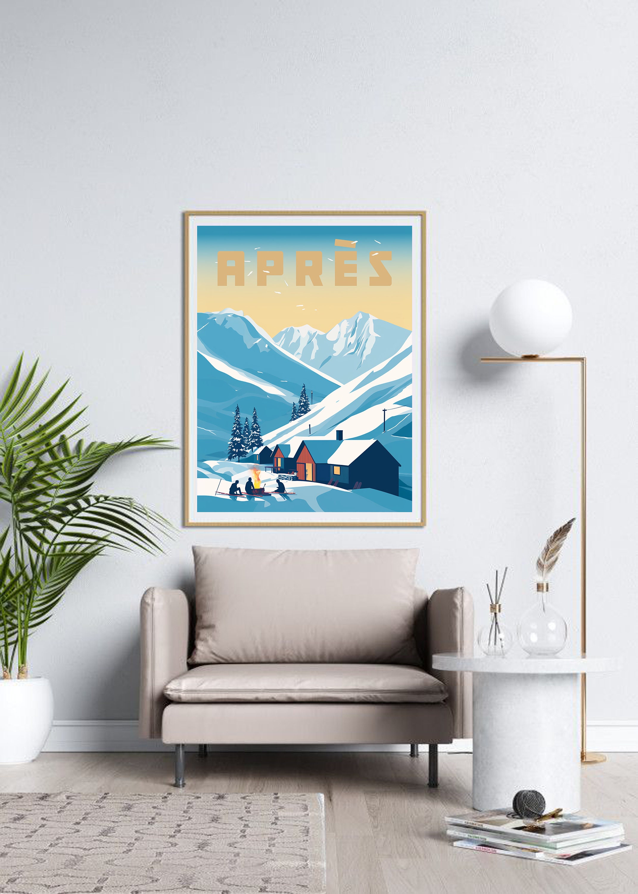 Ski Cabin Apres Ski, Campfire Poster, Vintage Ski Poster, Sunset Ski ...