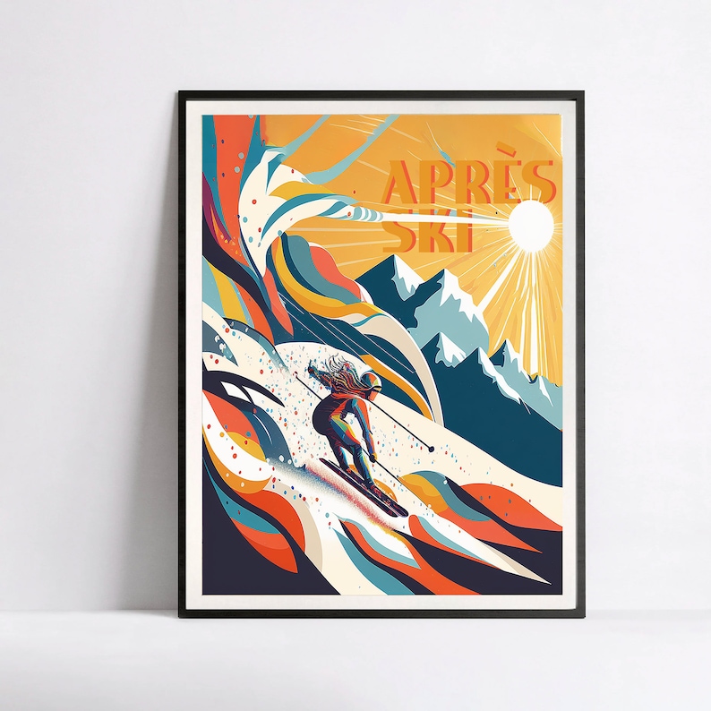 Abstract Apres Ski Vintage Ski Poster, Sunset Ski Poster, Winter Cabin