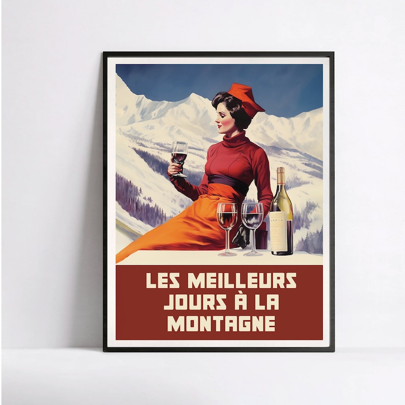 Vintage Skiing Poster, Apres Ski, French Alps, Ski Cabin Poster