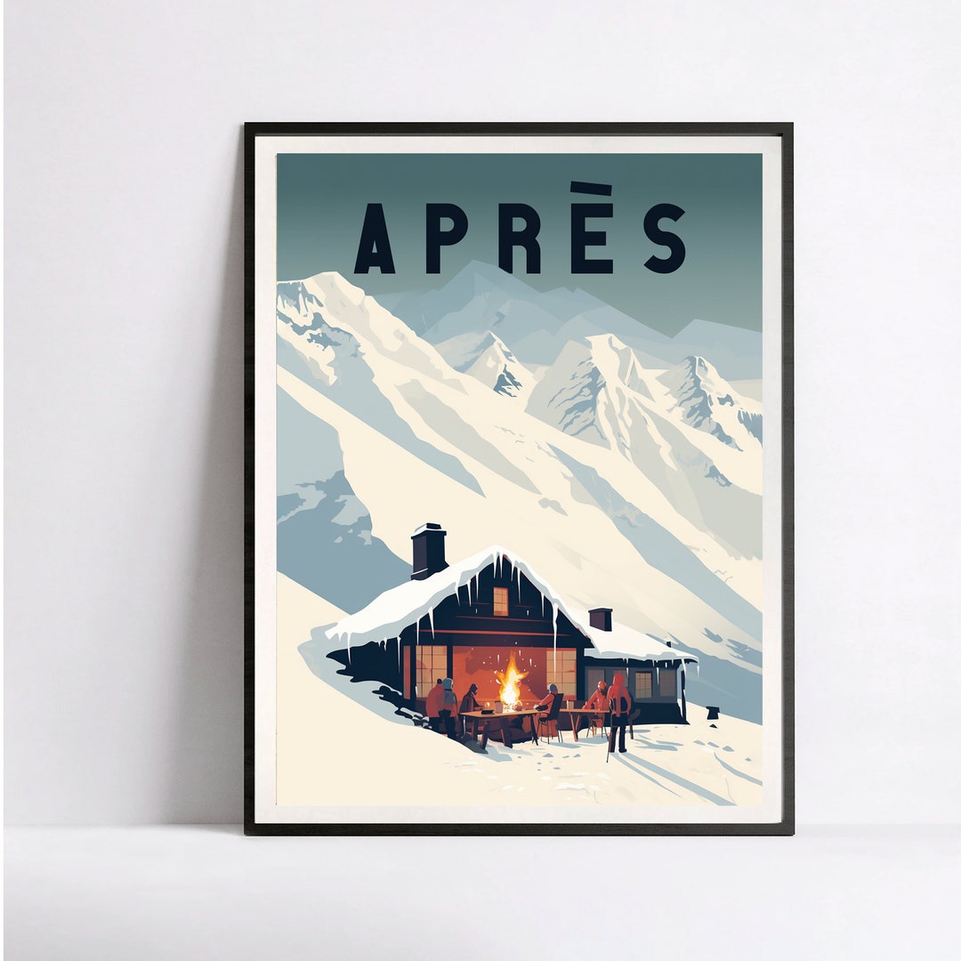 Ski Cabin Apres Ski, Campfire Posters, Vintage Ski Poster, Sunset Ski ...