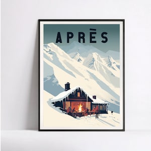 Ski Cabin Apres Ski, Campfire Posters, Vintage Ski Poster, Sunset Ski Poster, Digital File, Print
