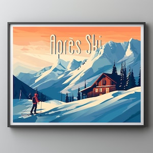 Ski Cabin, Apres Ski Sunset, Vintage Ski Poster, Sunset Ski Poster, Digital File, Print