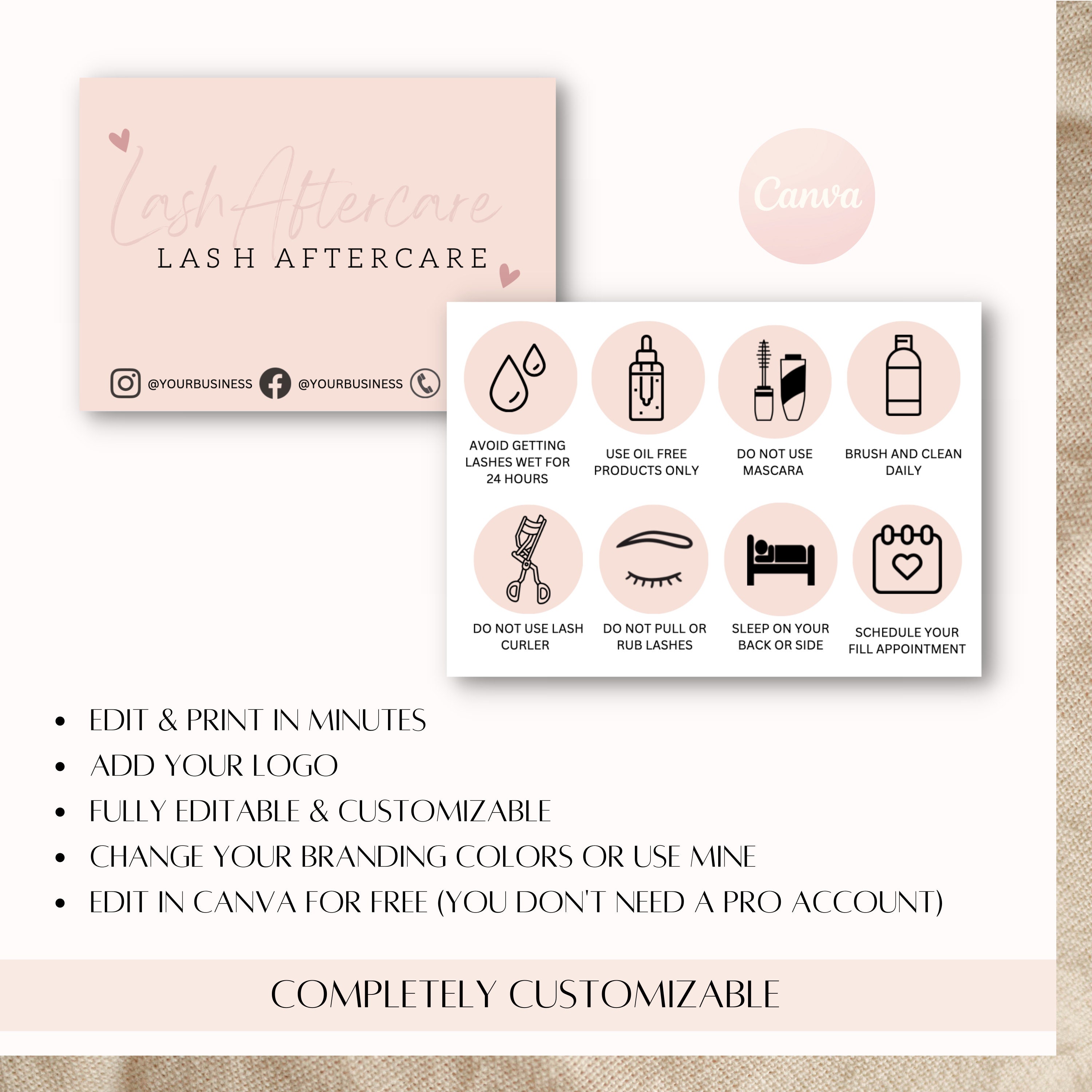 Editable Lash Aftercare Card Template, Canva Lash Card, Lash Extension Card, Printable Eyelash ...