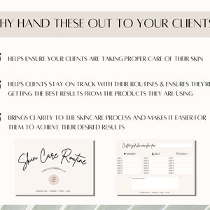 May include: A checklist with three tick marks and text explaining why to hand out skincare routine templates to clients. The text reads: "Helps ensure your clients are taking proper care of their skin", "Helps clients stay on track with their routines & ensures they're getting the best results from the products they are using", and "Brings clarity to the skincare process and makes it easier for them to achieve their desired results". The image also shows two printable templates for a skincare routine.