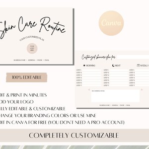 May include: A printable skincare routine planner template with a beige background and black text. The template is customizable and includes sections for morning, night, and weekly routines. The text "Skin Care Routine" is written in cursive at the top of the template.