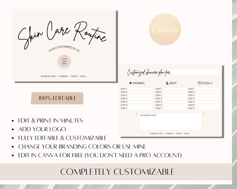 May include: A printable skincare routine planner template with a beige background and black text. The template is customizable and includes sections for morning, night, and weekly routines. The text "Skin Care Routine" is written in cursive at the top of the template.