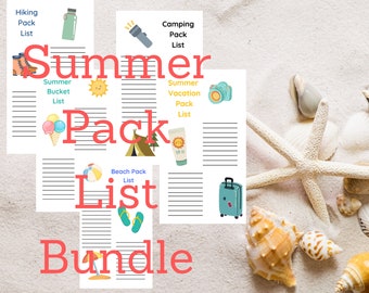 5 Summer Fun Digital download bundle To Do List/Beach Pack List/Camp Pack List/Summer Bucket List/Summer Vacation Pack List/Hiking Pack List