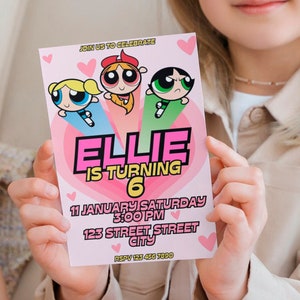 Geburtstagseinladung PowerPuff Girls-Geburtstagseinladungsvorlage PowerPuff Girl-Geburtstagseinladung mit Foto-Geburtstags-Gratis-Dankeschön-Karte
