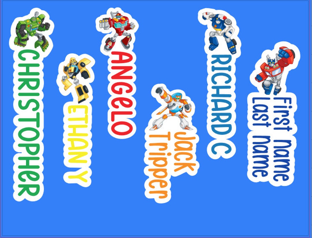 Personalized Transformer Rescue Bot Name Stickers Water Bottle, Laptop
