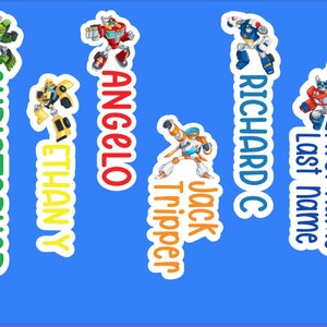 May include: Five colorful name tags with cartoon robot characters. The names are Christopher, Ethan Y, Angelo, Jack Tripper, and Richard C. The last name is written vertically.
