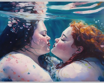 Puede incluir: Dos personas bajo el agua, abrazándose y besándose. La mujer de la izquierda tiene el pelo oscuro y la mujer de la derecha tiene el pelo rojo. Ambas llevan trajes de baño y están rodeadas de burbujas.
