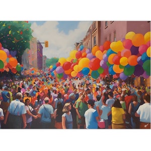 Könnte beinhalten: Ein farbenfrohes Gemälde einer Menschenmenge, die eine Stadtstraße entlangläuft. Die Menschen schauen alle nach oben zu einer großen Gruppe von Ballons am Himmel. Die Ballons sind rot, gelb, blau, grün und lila.