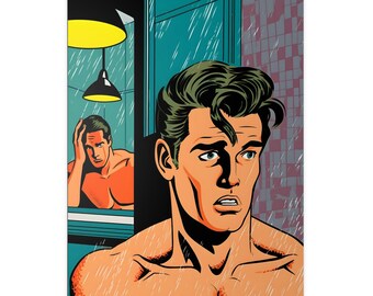 May include: A man with dark hair and a serious expression stands in a shower, looking at a man in the reflection of a window. The man in the window is wearing a white shirt and has a worried expression. The shower is filled with water droplets.