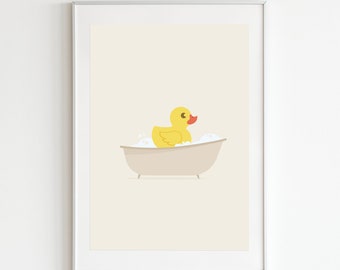 Yellow Duck in Bath Vector Art - Kids Bathroom or Nursery Decor Wall Print - Printable Digital Download - Cute gift