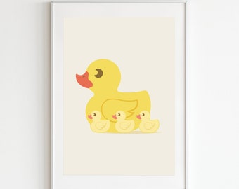 Yellow Duck and Ducklings Vector Art - Kids Bathroom or Nursery Decor Wall Print - Printable Digital Download - Boho