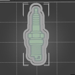 May include: A gray and white spark plug illustration. The spark plug is a common automotive part.