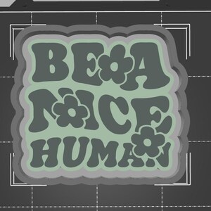 May include: A sticker with the words "BE A NICE HUMAN" in a retro font. The text is in shades of green and gray, with flower accents. The sticker has a layered design with a light green, gray, and dark gray border.