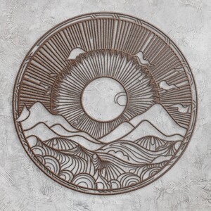 Metal Wall Art Mountains, 3D Metal Mandala Wall Art, Lotus Flower Art, Living Room Wall Art, Wall Hangings,Whimsical Spiral Sun, Patio Decor