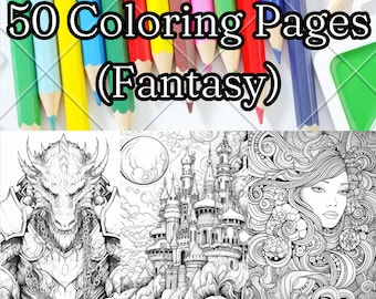 Adult Coloring Book Digital Download 50 Pages, Adult Coloring Pages Printable, Fantasy Coloring Book, Fantasy Coloring Pages for Adults, PDF