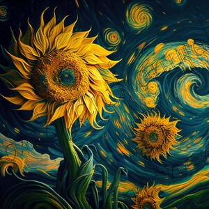 May include: A digital painting of sunflowers in a swirling, starry night sky. The sunflowers are yellow with dark centres and are set against a blue and green background with swirling yellow and white lines. The painting is reminiscent of Vincent van Gogh's "Starry Night."