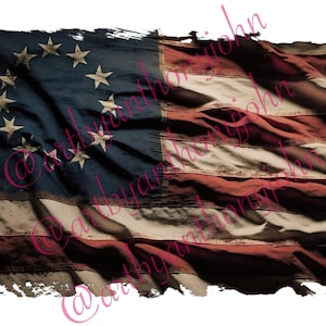 May include: A distressed, faded American flag with 13 stripes and 13 stars in a circle. The flag is tattered and worn, with a white background and red and blue stripes. The stars are white and are arranged in a circle in the blue canton.