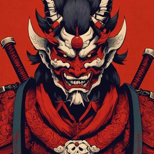 Epic Samurai Warrior Art Print – Japanese Fantasy Illustration, Red Moon Samurai Poster