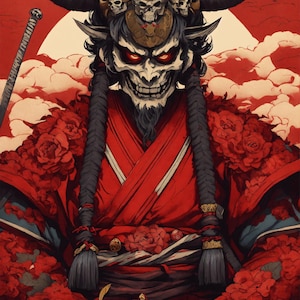 Epic Samurai Warrior Art Print – Japanese Fantasy Illustration, Red Moon Samurai Poster