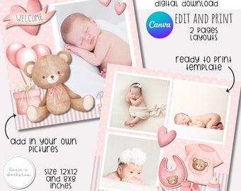 WELCOME BABY GIRL- Editable DIgital Scrapbook Page Canva Template Scrapbooking Scrapbook Quick Template for Scrapbook