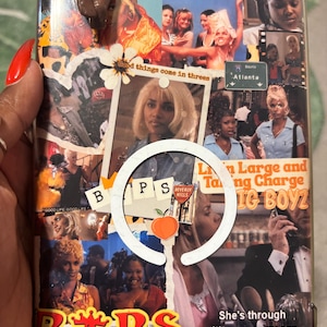 May include: A decorative phone case featuring a collage of images and text. The case includes images of women, text that reads "BAPS", "Good things come in threes", and "She's through with your sorry ass."