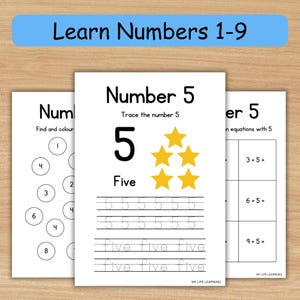 Numbers 1-9 worksheets, 27 digital sheets, Ages 4-7