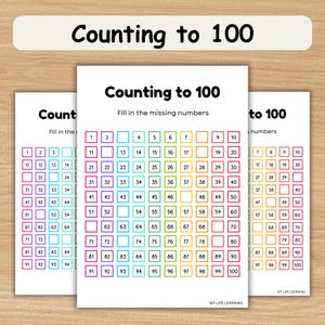 Counting to 100 Printables, Counting Numbers 1-100, 10 digital sheets, Ages 5-7