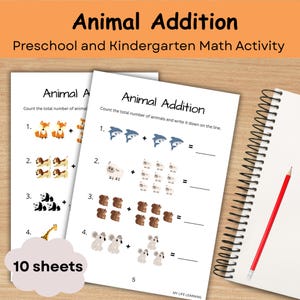 Animal Addition Worksheets, Simple Addition for Kids, Math Practice Printable, Ages 4-6, 10 digital sheets