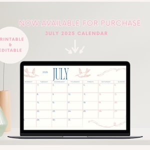 Editable July 2025 Calendar Printable | Retro Beach Illustrated Digital Download | Aesthetic Monthly Planner | PDF & Editable Template