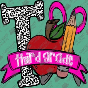 Derde leerjaar, terug naar school, cheetah, luipaard, roze, meisje, digitaal, ontwerp, png, sublimatie, dtf