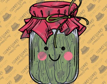 May include: A cartoon illustration of a jar of pickles with a red lid and a smiling face. The text "When you're in a pickle run to Jesus" is below the jar.