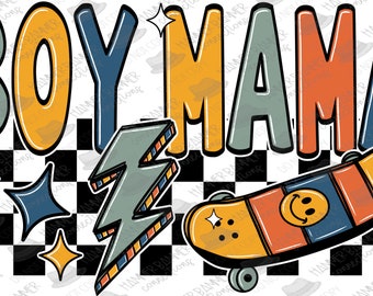 May include: A retro-style graphic design with the text "BOY MAMA" in colorful letters. The design features a checkered background, a lightning bolt, and a skateboard with a smiley face.