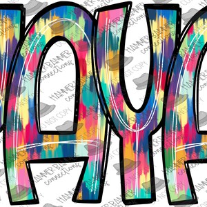 May include: A colorful, abstract design of the word "Yaya" in black outlined letters. The background is a mix of bright colors, including blue, yellow, pink, and green, with a brushstroke effect.