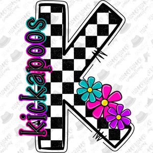 May include: A black and white checkered letter K with a pink, blue, and purple flower design. The letter is outlined in black and has a pink, blue, and purple text that says "kickapoos".