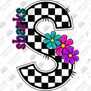 Sharks mascot checkered floral, digital, design, png, sublimation, dtf