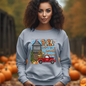May include: A light blue sweatshirt with a graphic design featuring a red truck, a silo, and a scarecrow. The text on the graphic says "Fall is better in a small town".