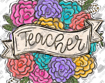 Könnte beinhalten: Ein bunter Blumenstrauß mit einem Banner, auf dem in goldener Schrift "Teacher" steht. Die Blumen sind rosa, gelb, blau und lila.