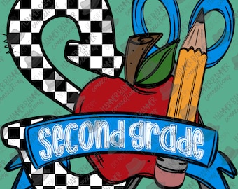 Second grade, back to school, checkered, blue, boy, digital, design, png,  sublimation, dtf